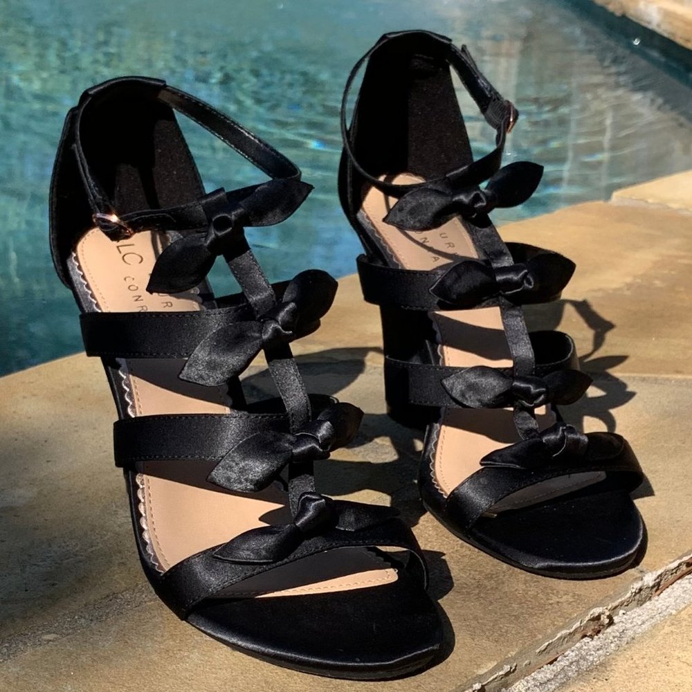 Black Bow-Strap Women's Heeled Sandals